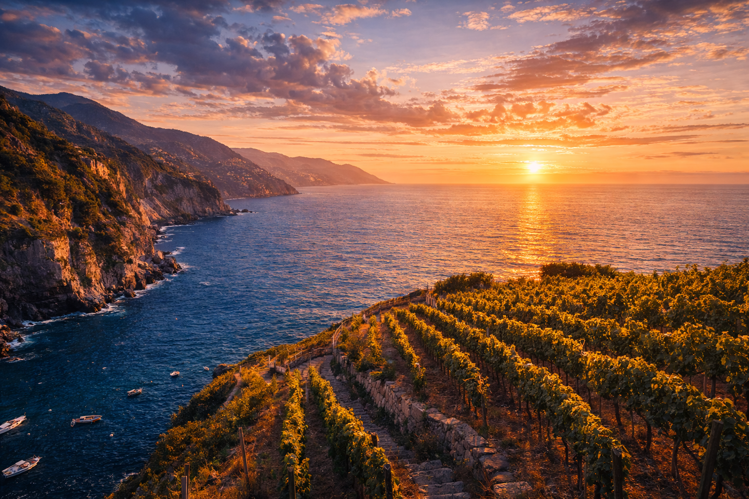 Mediterranean coastal vineyard overlooking deep blue sea at sunset