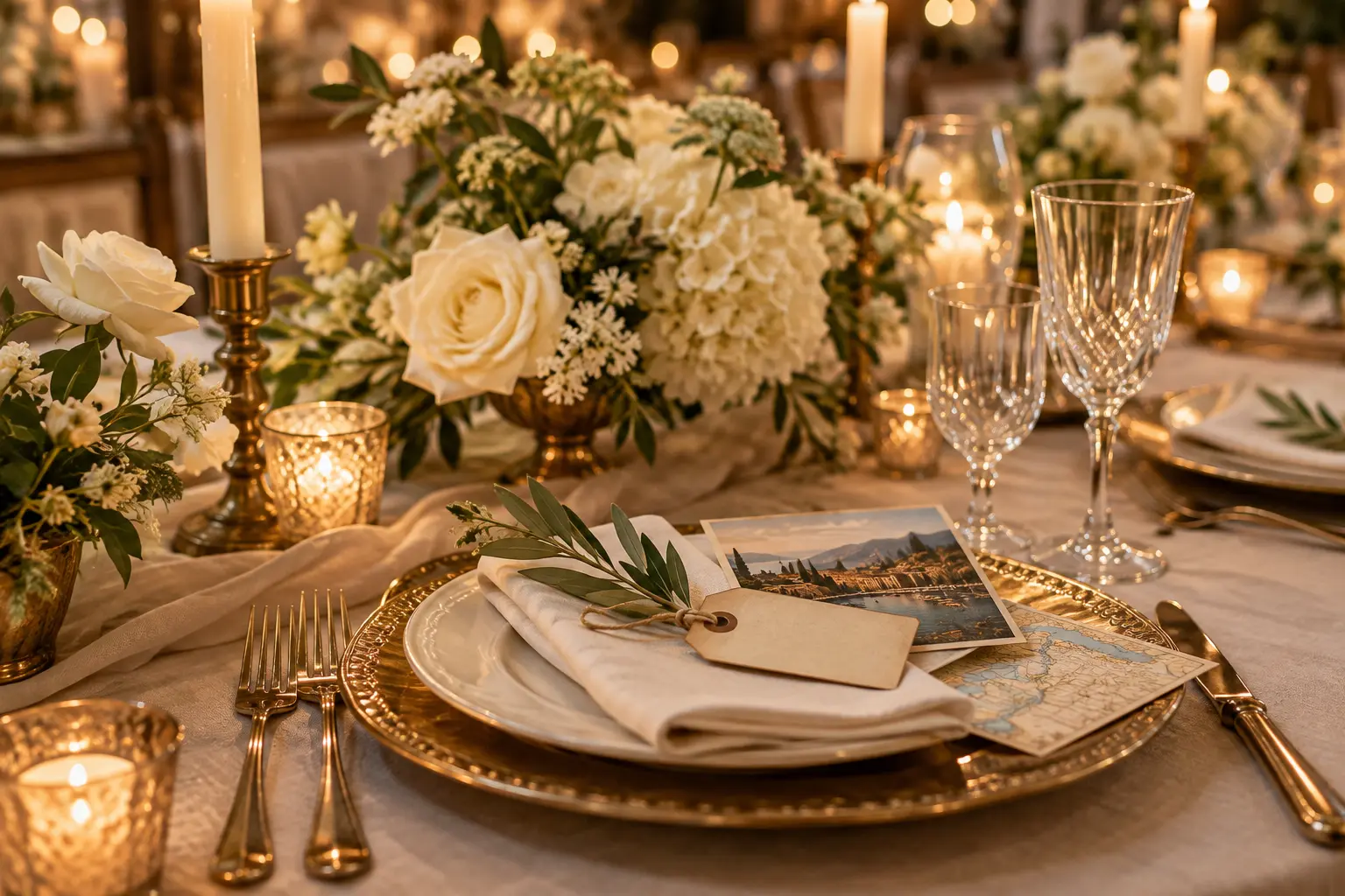 Destination-inspired wedding table with flowers, candles, postcards and a luggage-tag place card