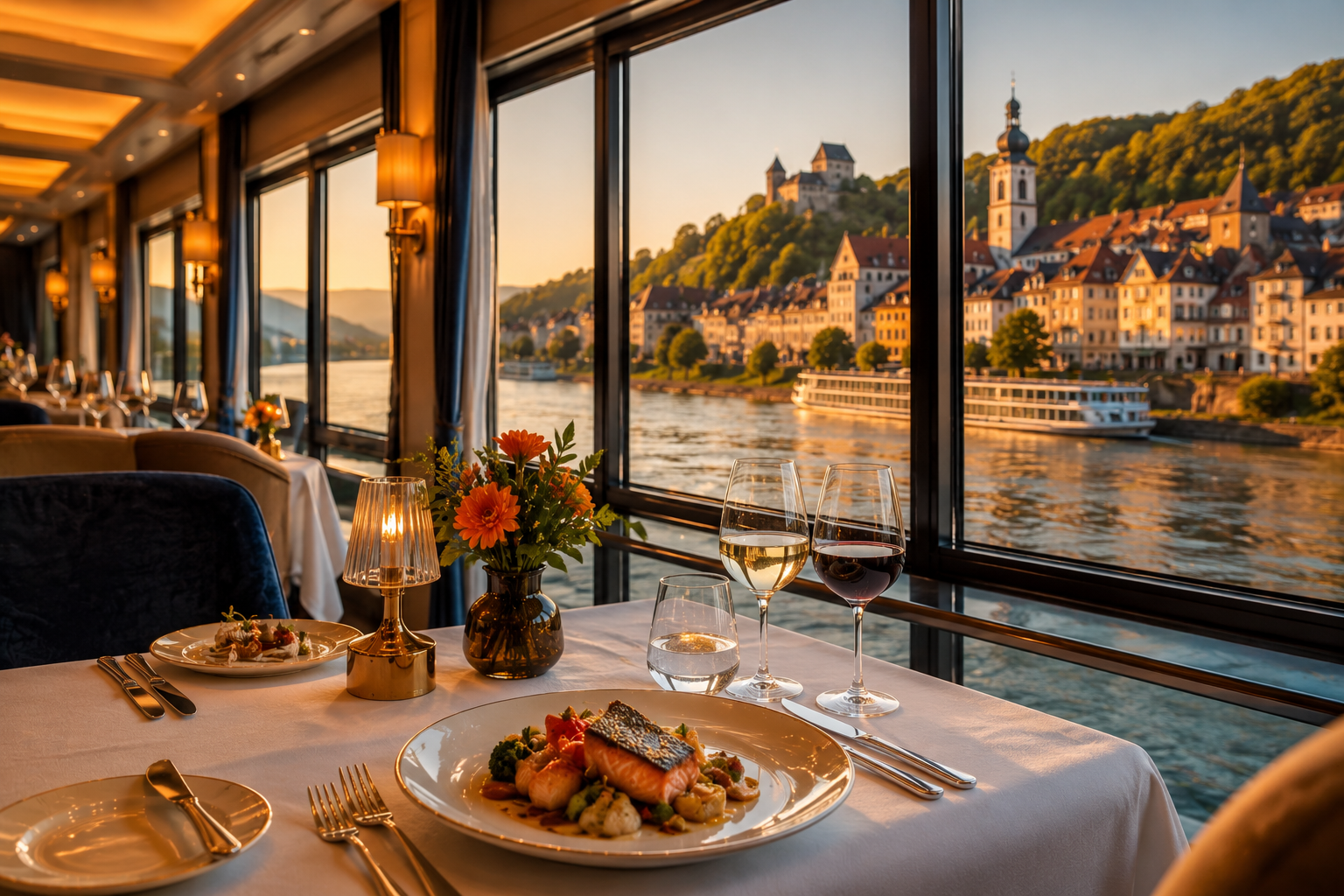 Luxury river cruise dining experience featuring gourmet cuisine and scenic European river views.
