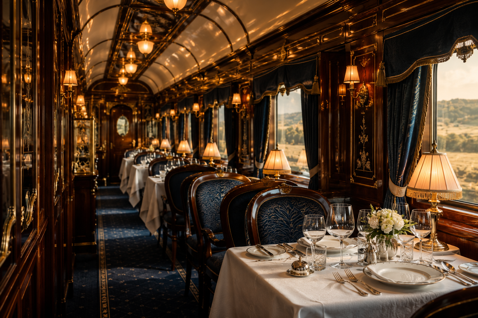 Elegant Art Deco dining car aboard a luxury European train.