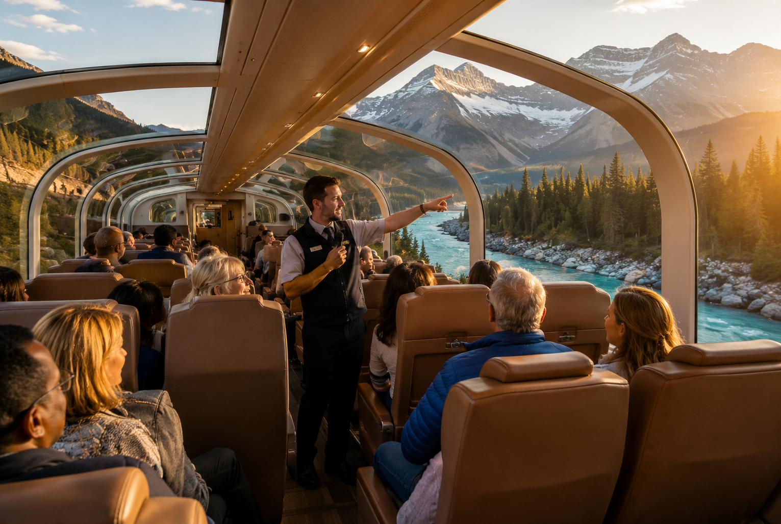 Passengers enjoying a luxury glass-domed train journey through the Canadian Rockies while an onboard host shares stories and highlights along the route.