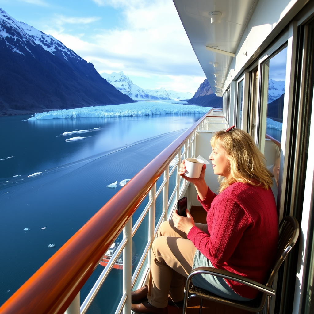 Couple enjoying ocean view from cruise cabin balcony.