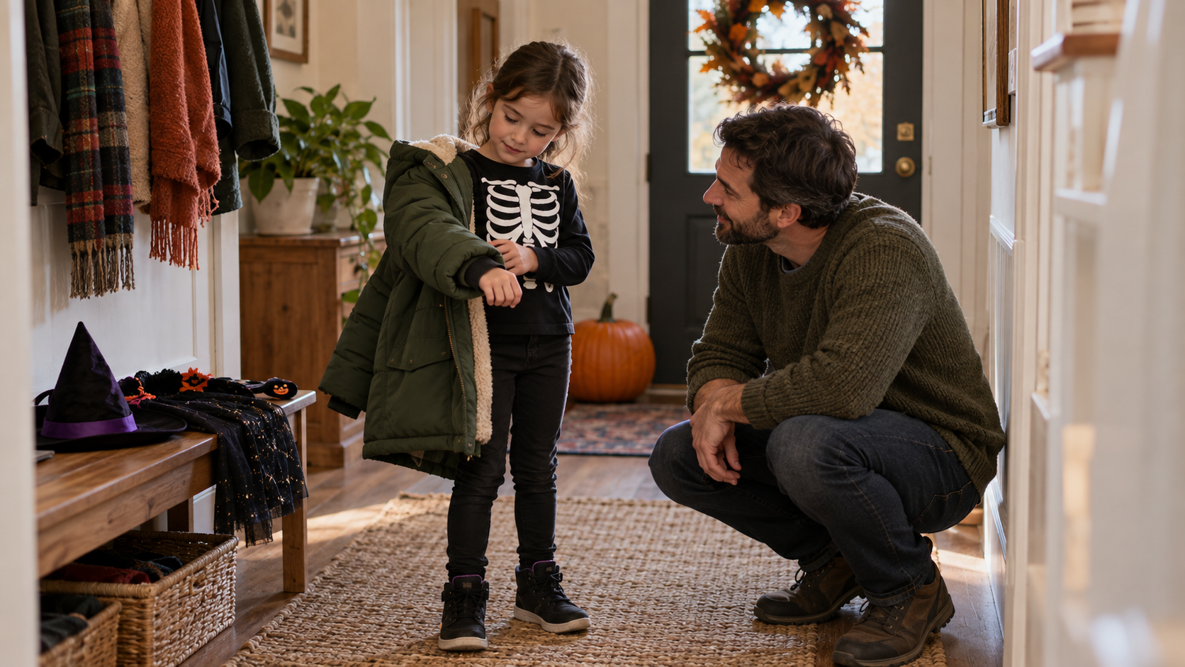Une mère et son enfant marchent devant des maisons décorées de citrouilles; l’enfant porte un sac à bonbons.