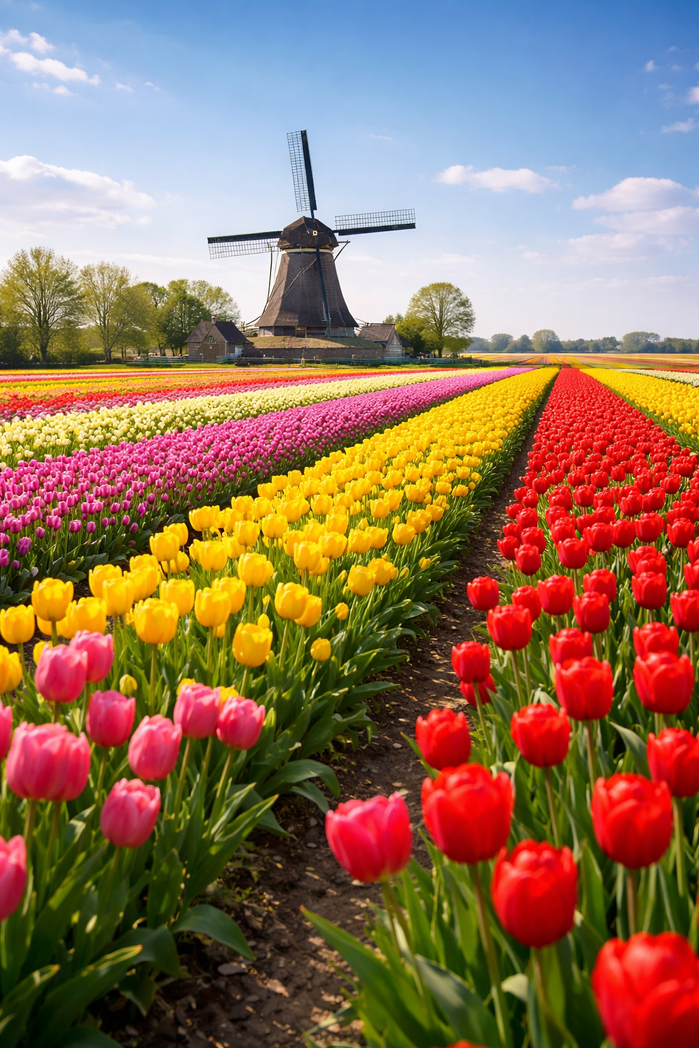 Colorful tulip fields and windmill in the Netherlands during spring.