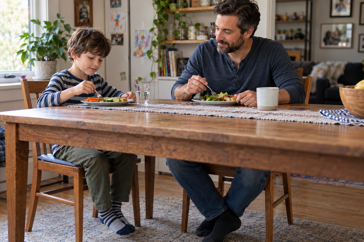 Father and child eating lunch together at a home dining table.