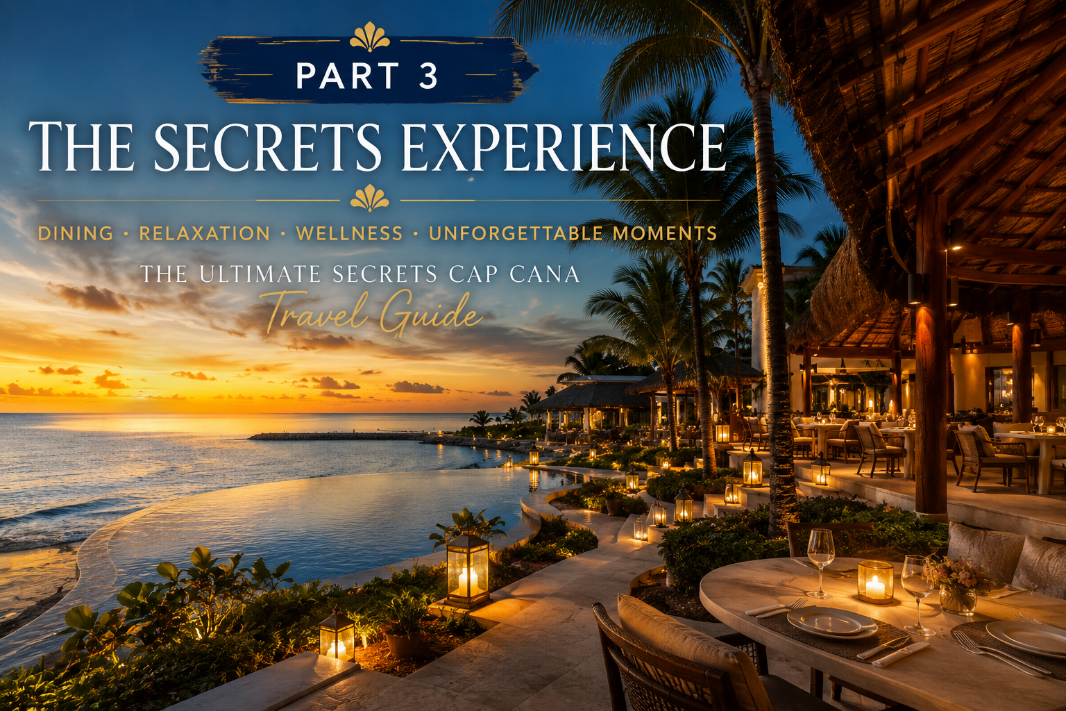 Elegant oceanfront dining at Secrets Cap Cana Resort & Spa during a Caribbean sunset, featuring luxury restaurants, infinity pools, palm trees, and a romantic atmosphere, introducing Part 3 of the Ultimate Secrets Cap Cana Travel Guide focused on dining, wellness, and unforgettable resort experiences.