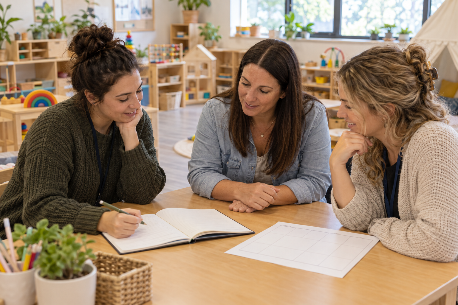 Parent and two educators reviewing a notebook and planning sheet