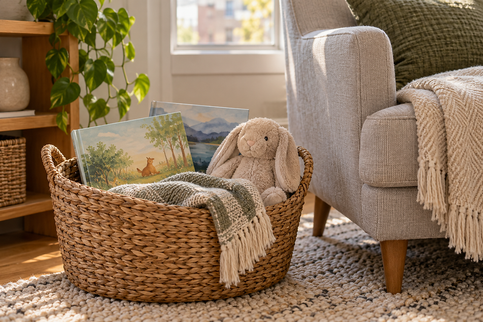 Basket of picture books, a plush rabbit, and a blanket beside a quiet reading chair.