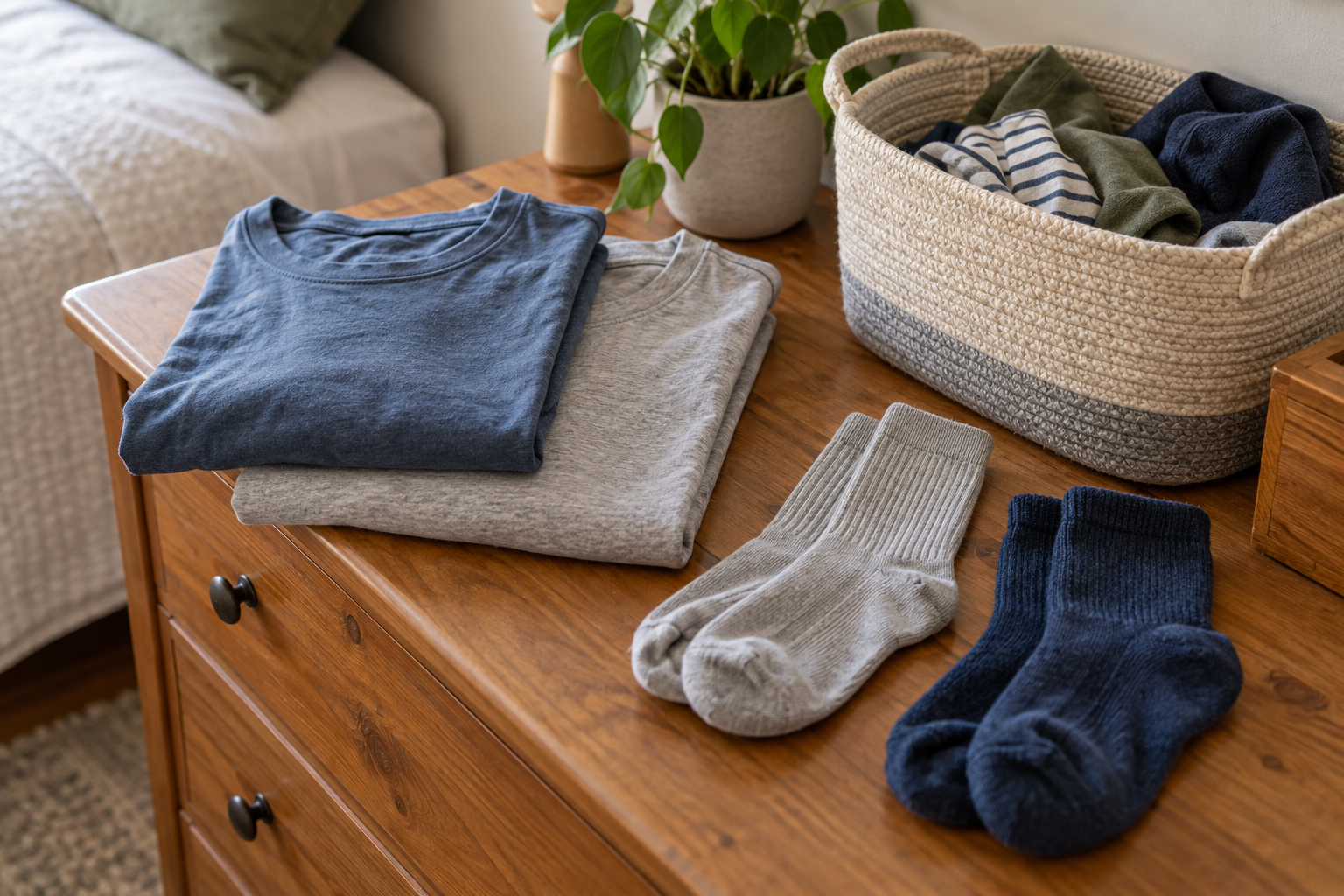 Folded cotton shirts and socks beside a clothing basket on a dresser.