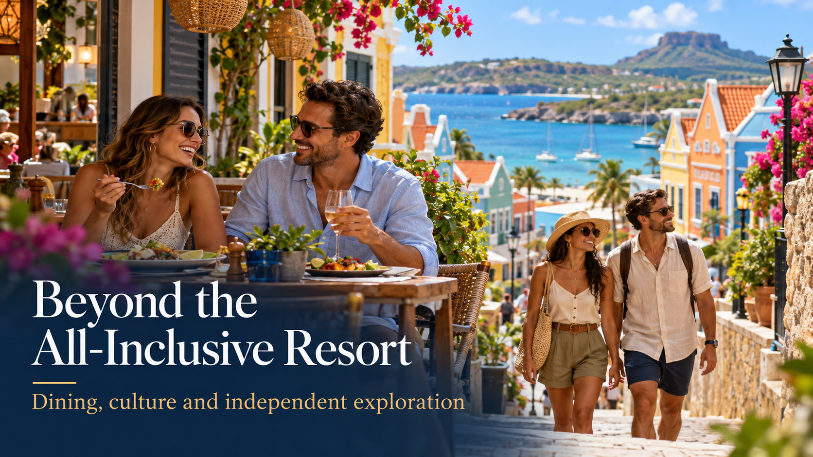 Travelers exploring colourful Caribbean architecture, restaurants and coastal scenery