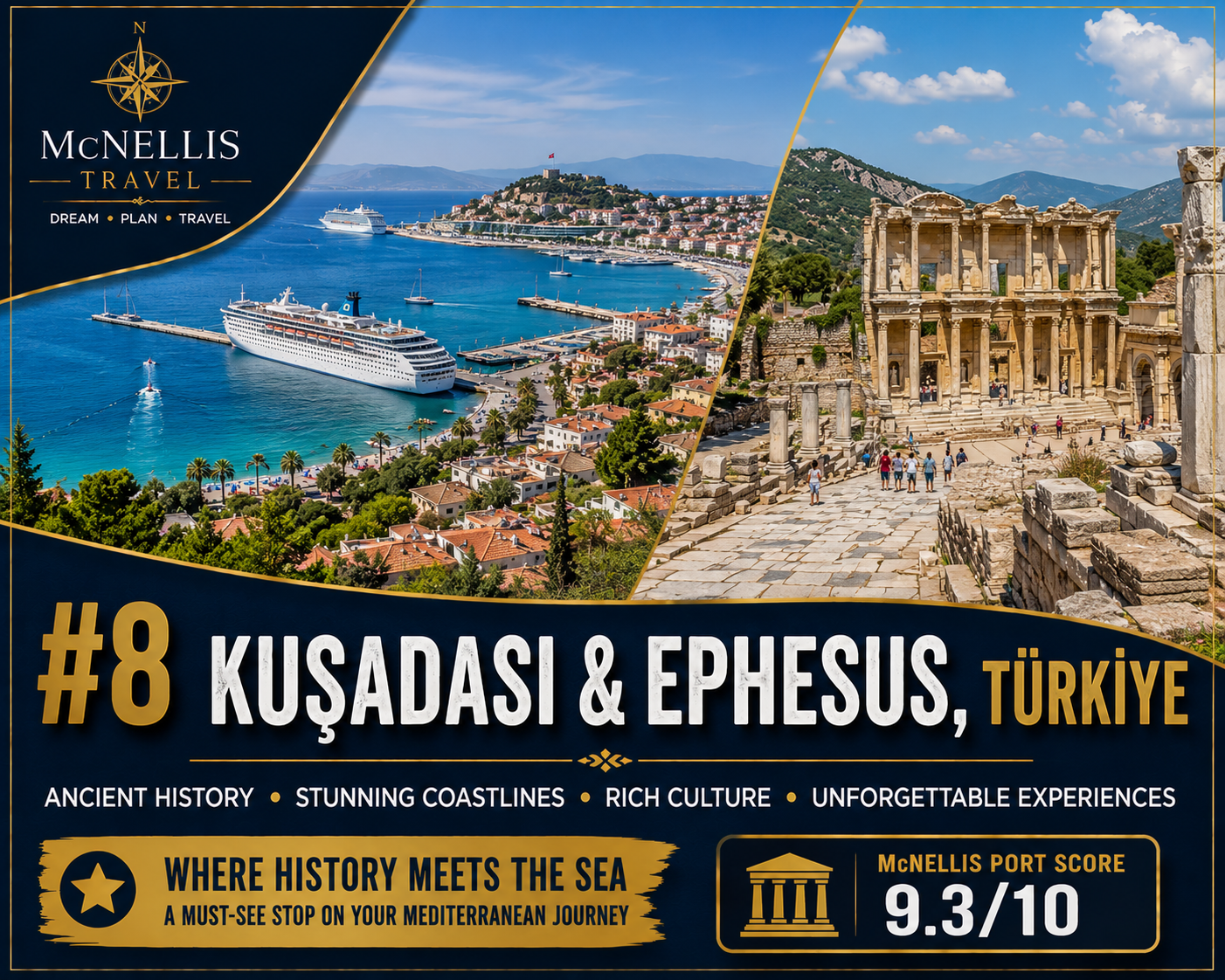 Kuşadası and Ephesus Türkiye Mediterranean cruise port with Kuşadası harbor and ancient ruins of Ephesus