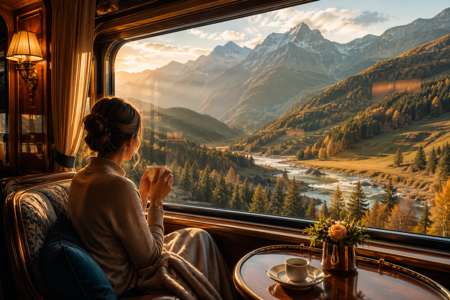 Traveler enjoying scenic mountain views from a luxury train cabin.
