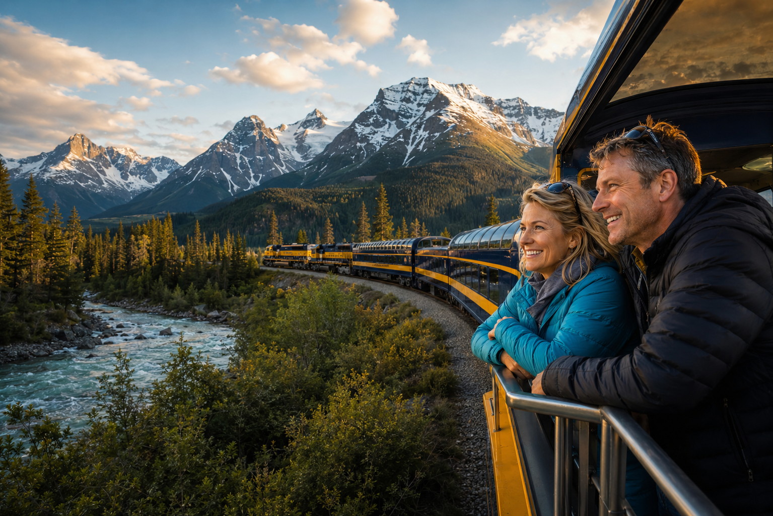 Travelers enjoying the open-air viewing platform of the Alaska Railroad GoldStar Service while passing through Alaska's mountains, forests, and wilderness landscapes.