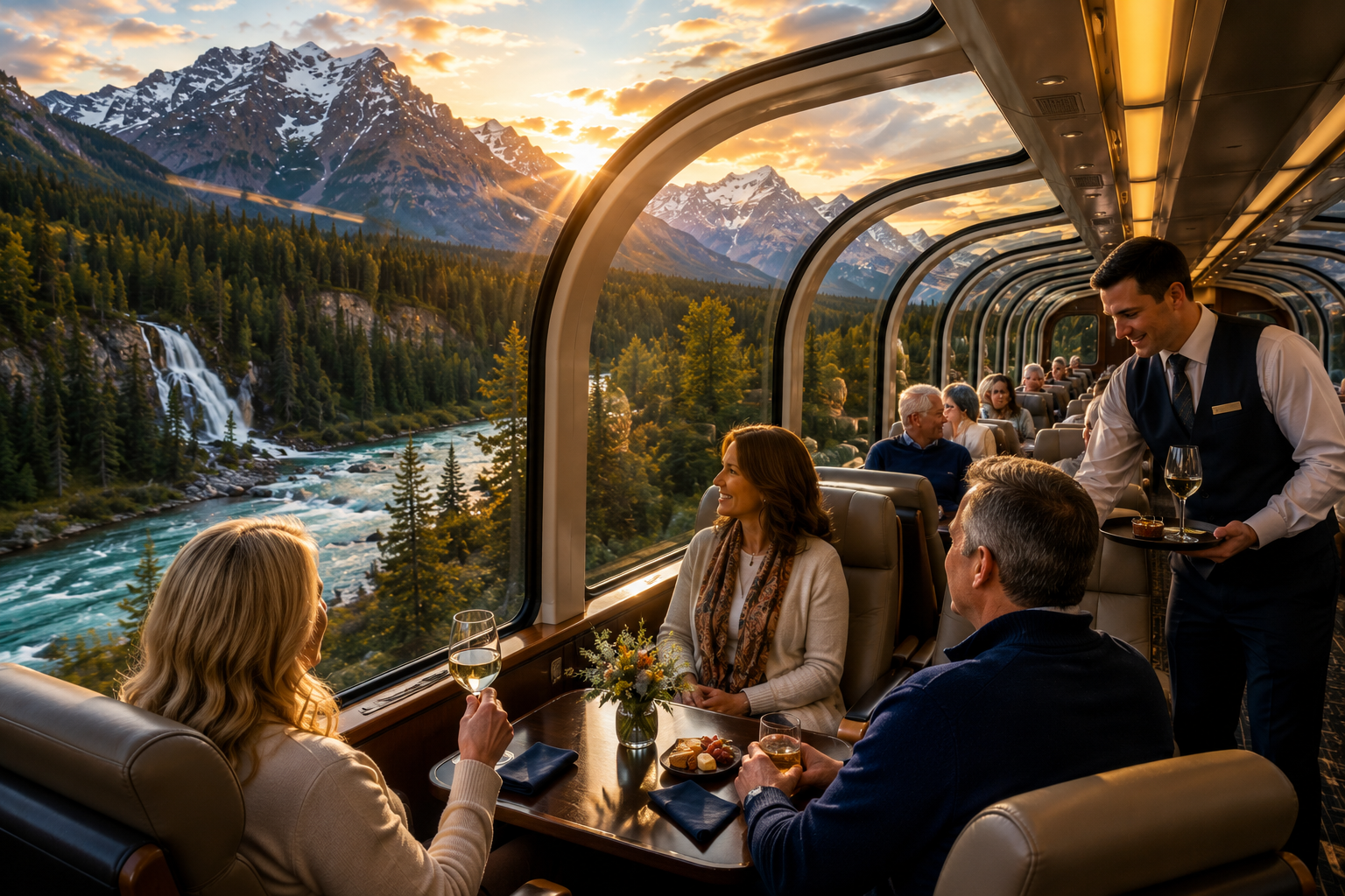 Travelers enjoying Rocky Mountaineer GoldLeaf Service inside a glass-domed luxury rail coach while viewing the Canadian Rockies at sunset.