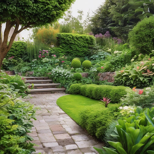 A lush garden with a retaining wall in the backgound.jpg