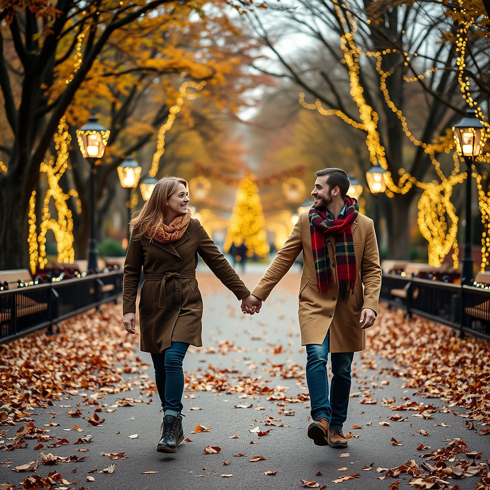 Frankfort couple walking together in autumn, practicing mindfulness before the holidays.