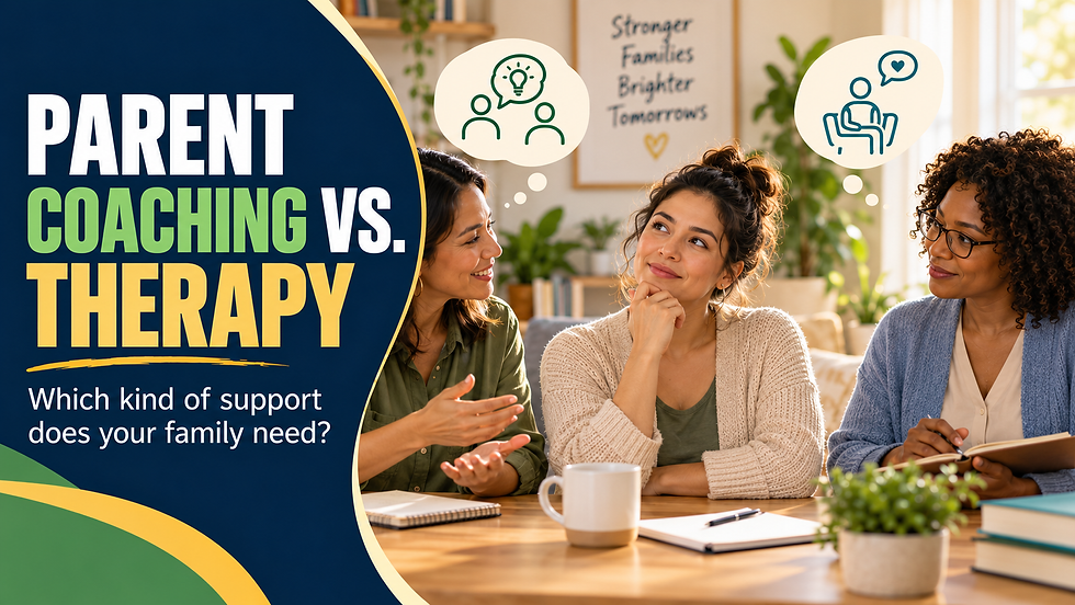 Parent considers parent coaching and therapy while speaking with two family support professionals.