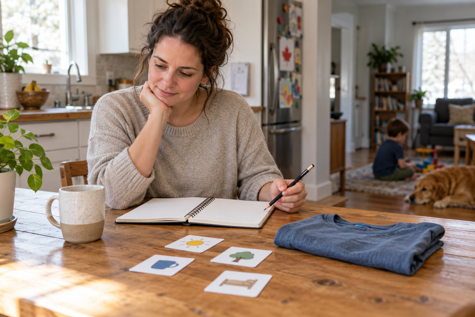 Caregiver reviewing a notebook beside picture cards and a folded shirt at a kitchen table.