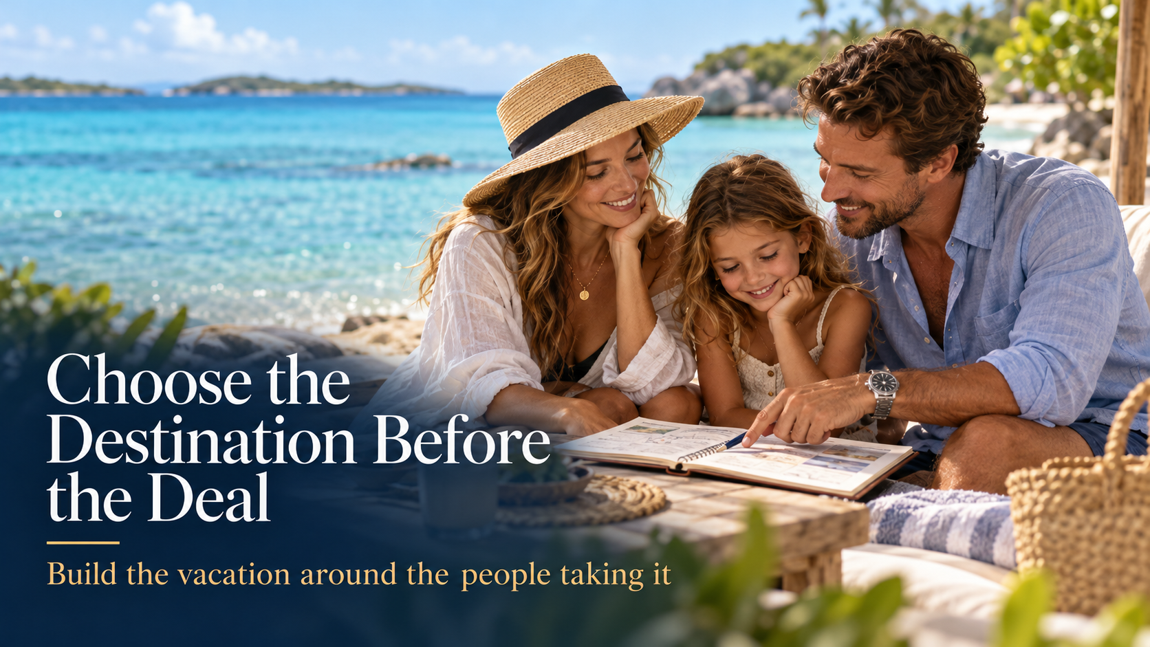 Travelers reviewing their Caribbean vacation plans beside a quiet tropical beach