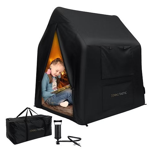 JenneTastic black sensory tent with a child reading inside, carrying bag, and inflation pump