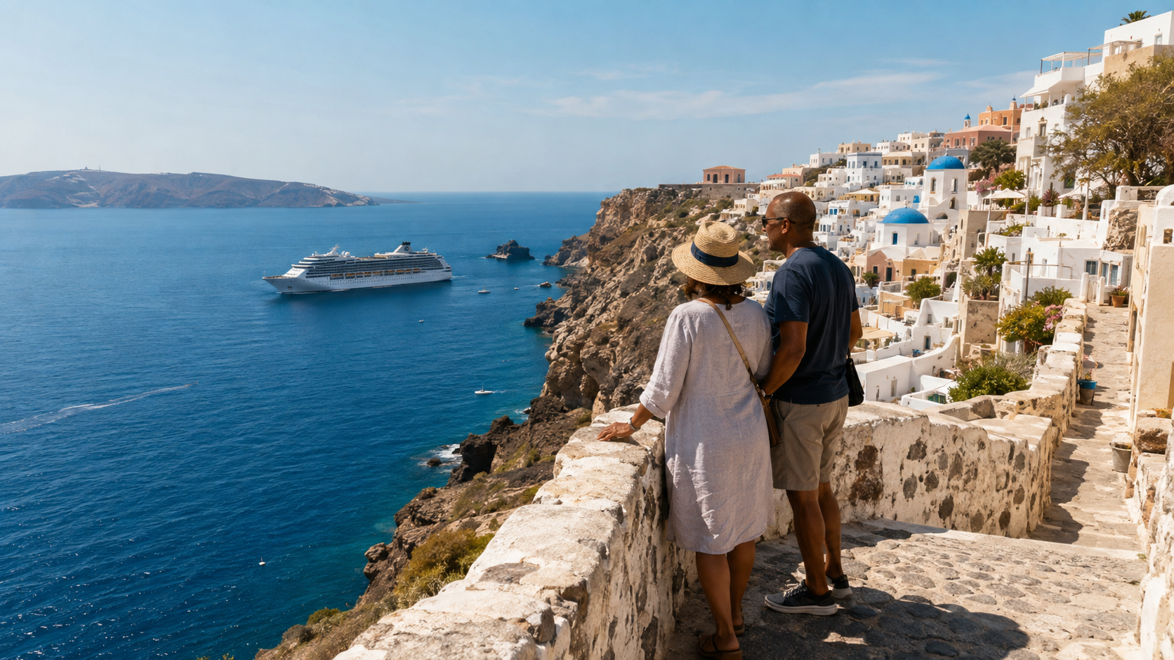 Couple overlooking a cruise ship sailing past a whitewashed Greek island village in the Eastern Mediterranean