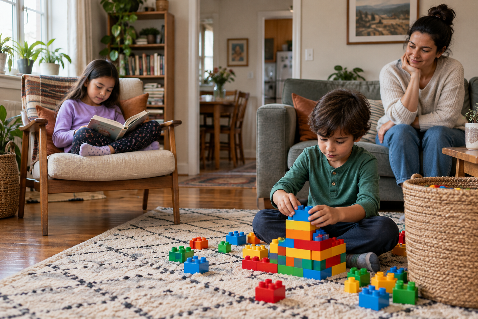 One child reading while a sibling builds with blocks and an adult sits nearby.