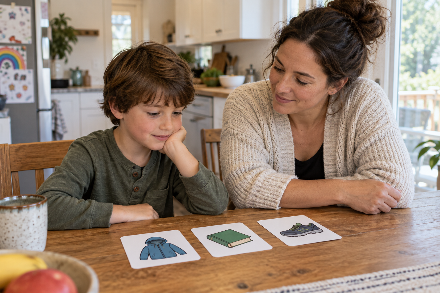 Caregiver and child looking at picture cards showing clothing, a book and a shoe.