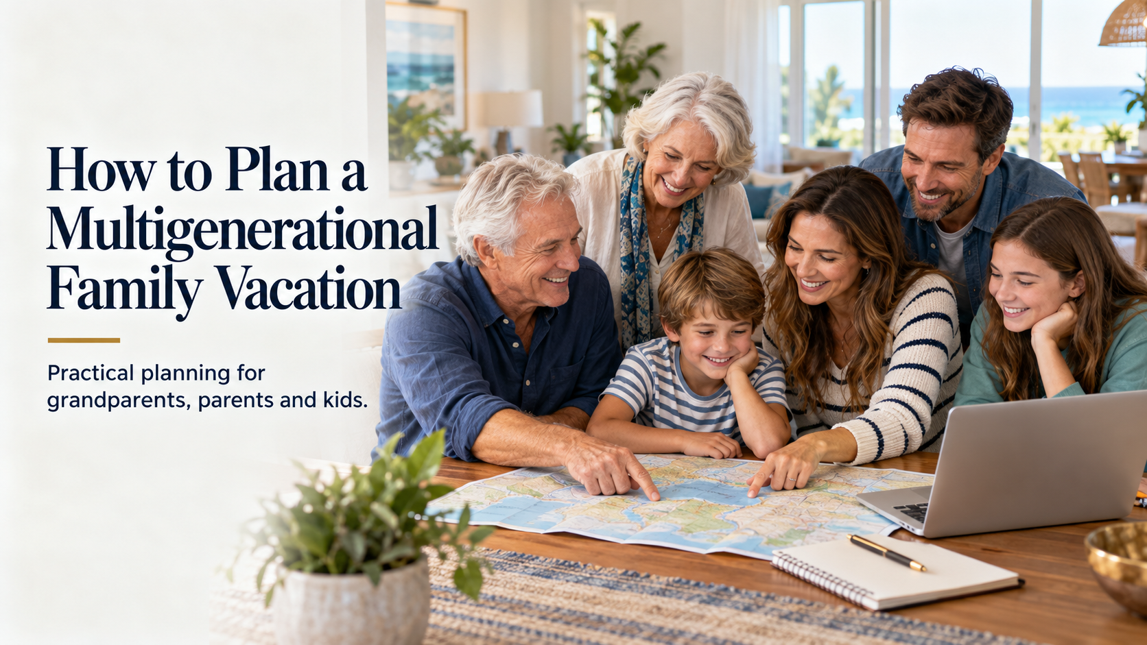 Grandparents, parents and children planning a multigenerational family vacation together