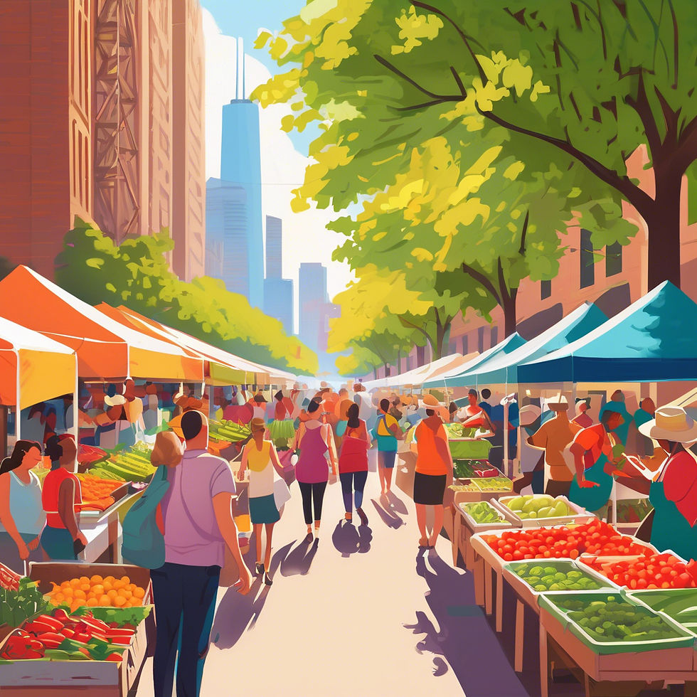 Shoppers browsing colorful produce at a Chicago farmers market on a sunny day.