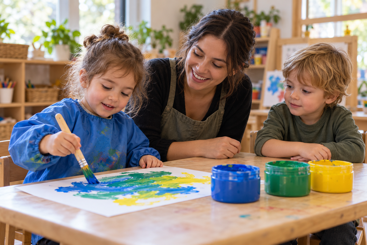 Educator supporting a painting activity while one child uses a brush and another observes