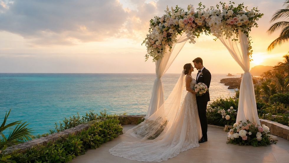 Luxury destination wedding ceremony overlooking turquoise ocean waters at golden hour.