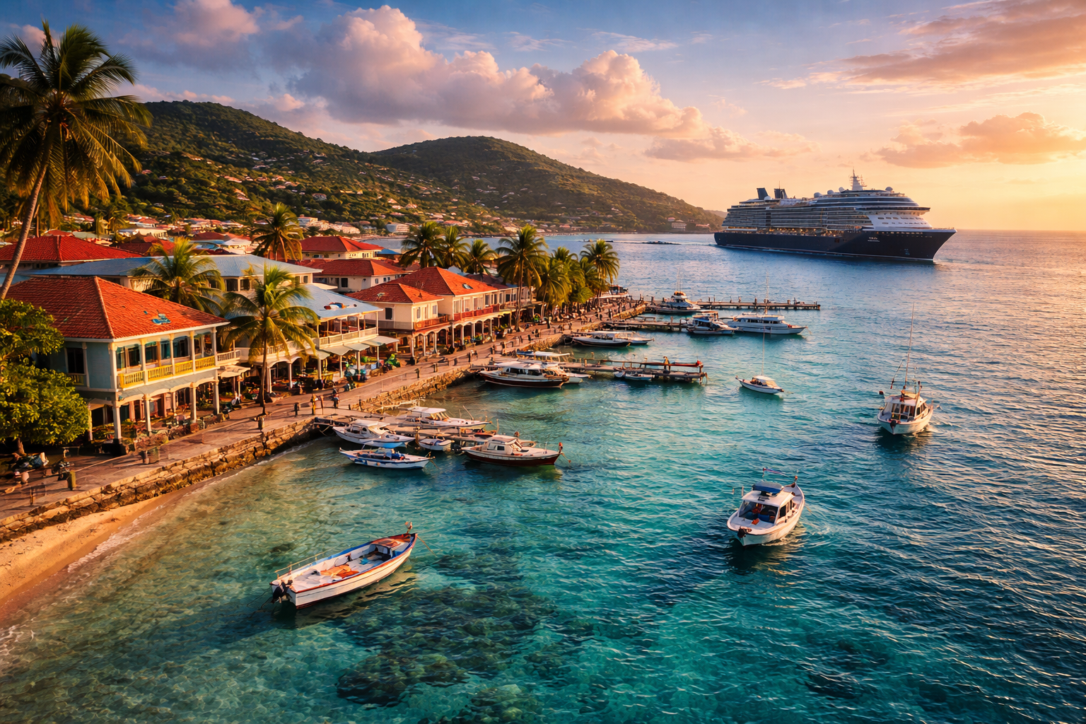 Colorful Caribbean cruise port town with tropical waterfront and small boats