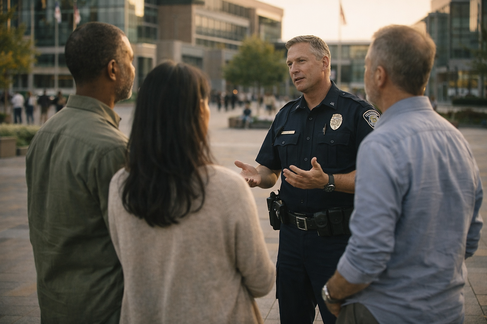 Police officer speaking with community members about public safety and civic responsibility.