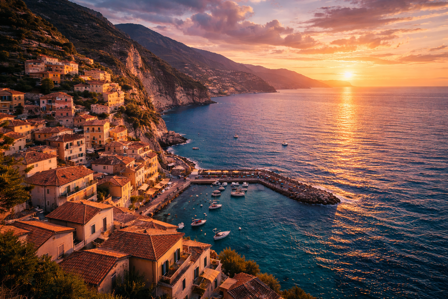 Scenic Mediterranean coastal village with terracotta rooftops overlooking deep blue sea
