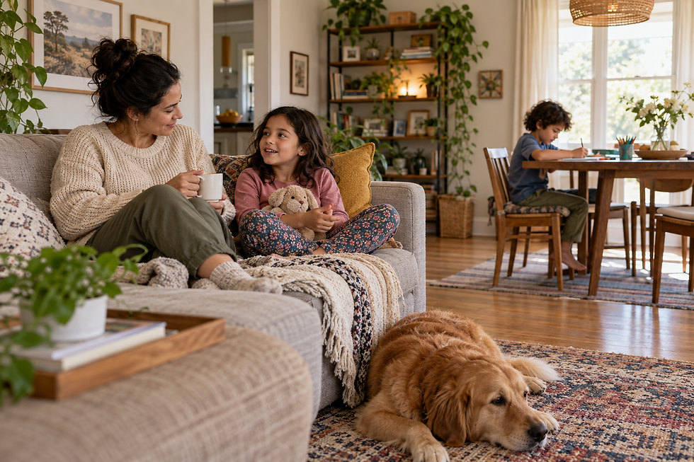 Family sharing a living room with separate quiet reading and drawing areas
