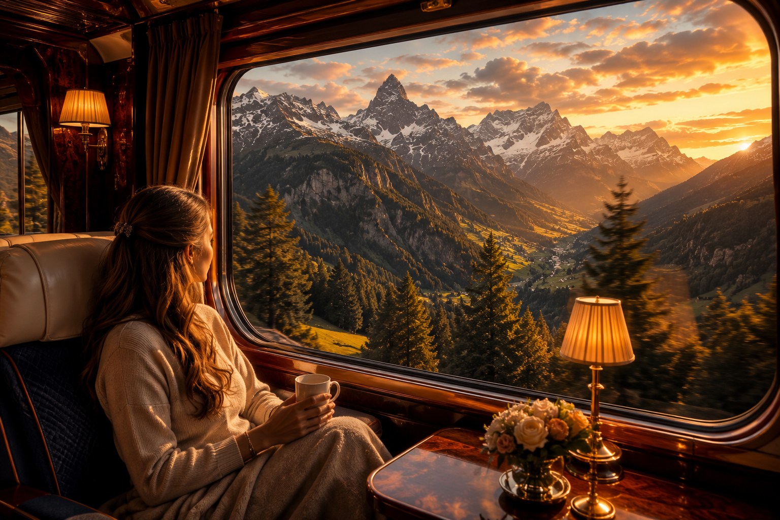 Traveler enjoying panoramic views of the Swiss Alps from a luxury train journey through Europe.