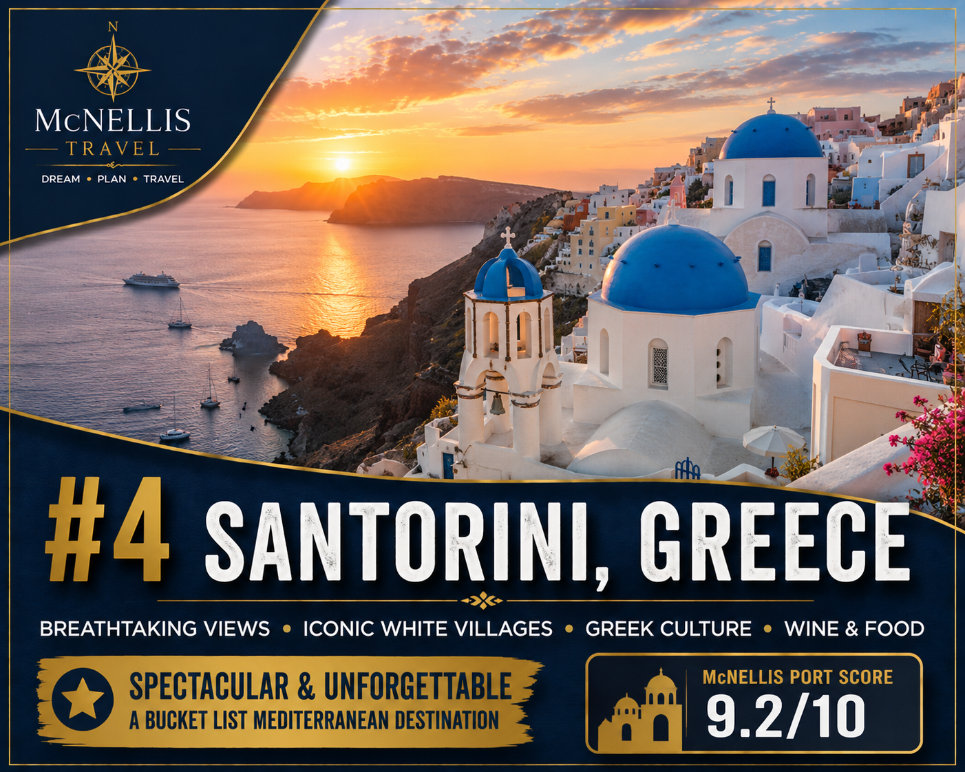 Santorini Greece Mediterranean cruise port with whitewashed cliffside villages, blue-domed churches and caldera views
