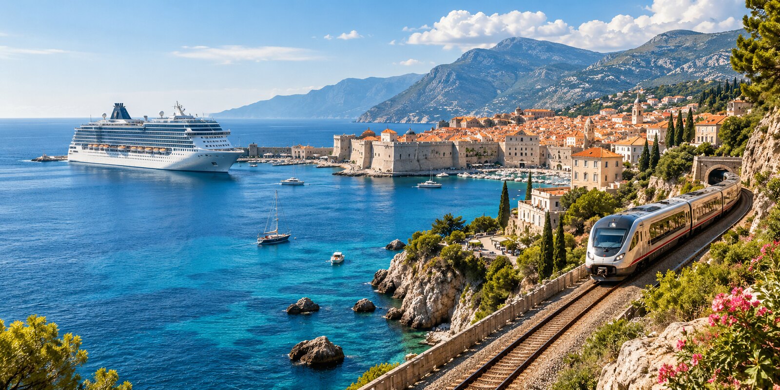 Mediterranean cruise ship and European train beside a historic coastal city