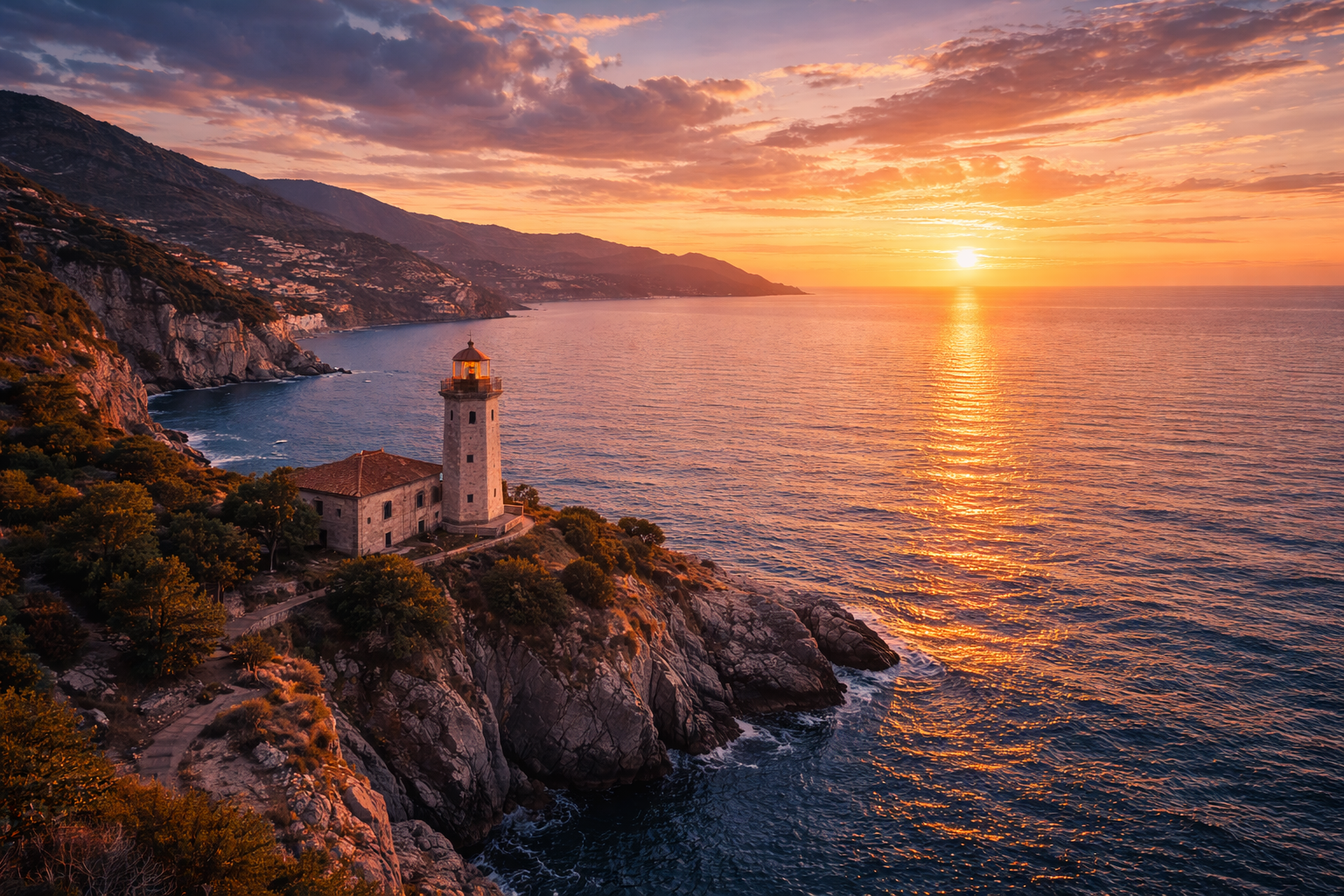 Mediterranean coastal lighthouse overlooking calm sea at sunset