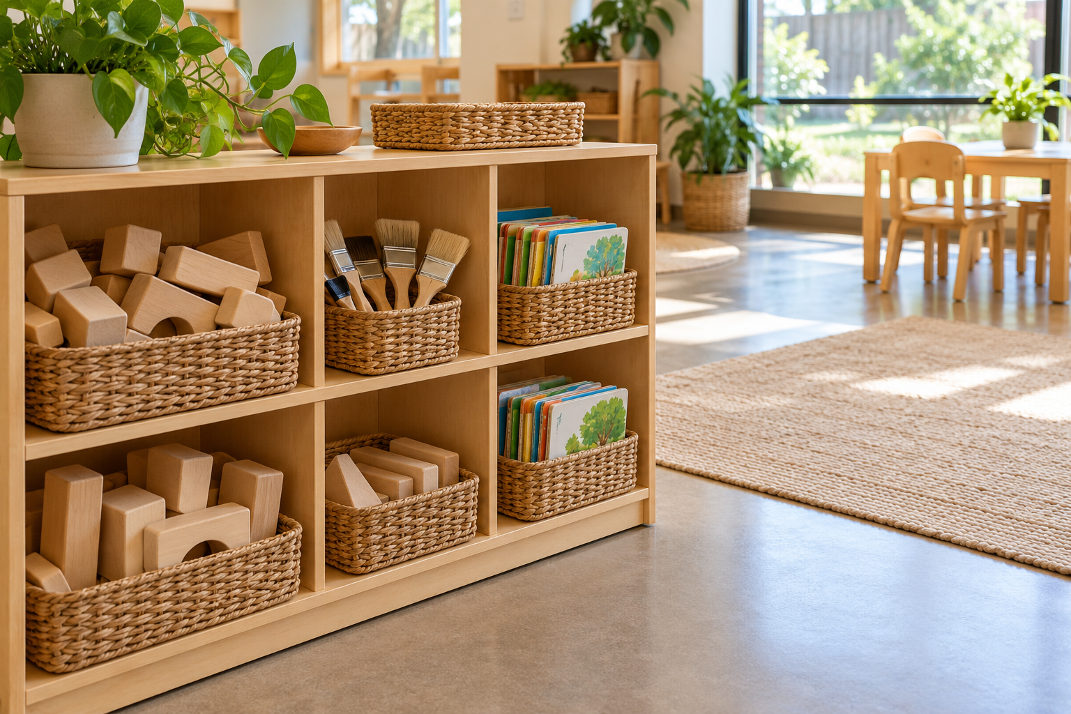 Daycare shelf storing large wooden blocks, broad paintbrushes and books