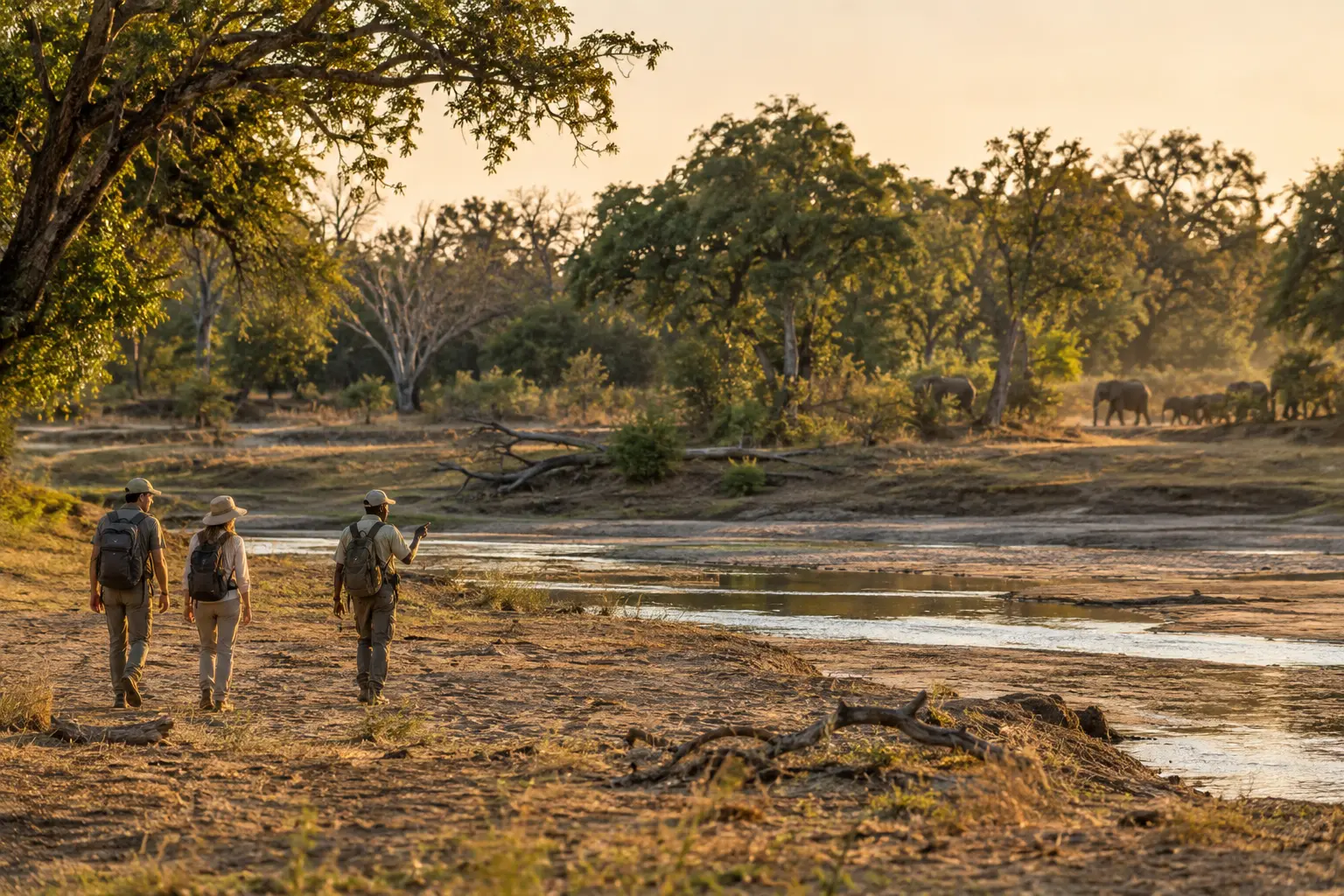 Elephants and safari wildlife near the Luangwa River in South Luangwa National Park, Zambia