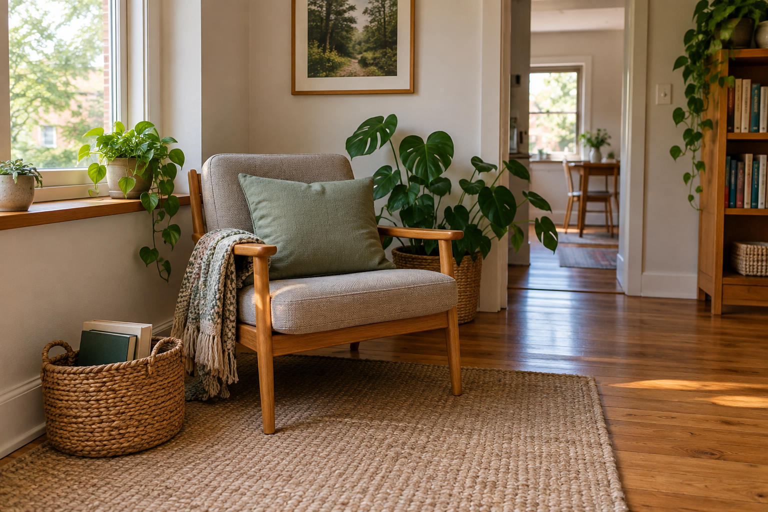 Open reading corner with a chair, cushion and book basket beside a window.