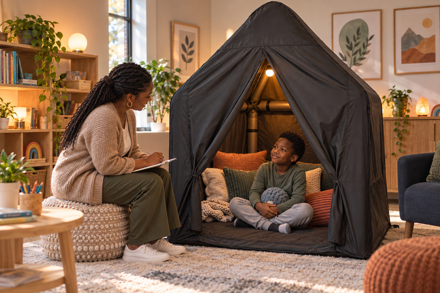 JenneTastic sensory tent with a child inside, carrying bag and manual pump