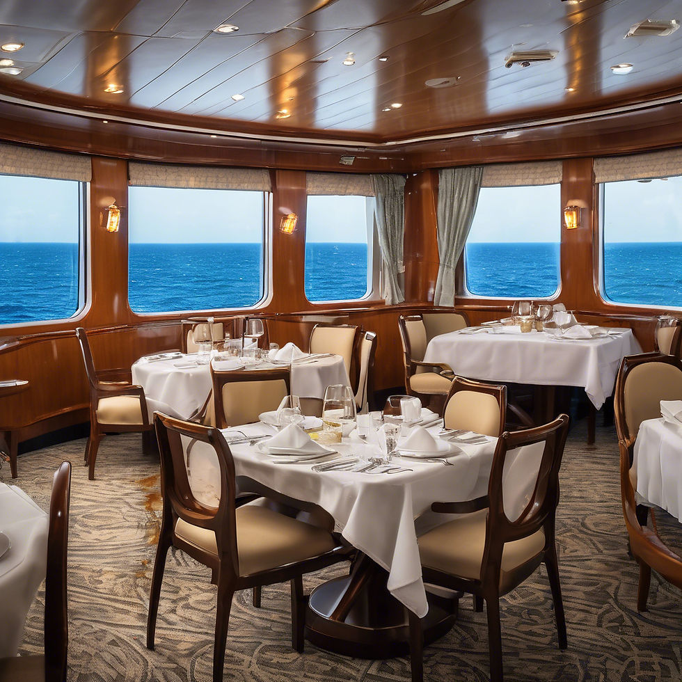 Fine dining setup in cruise ship restaurant with ocean in the background
