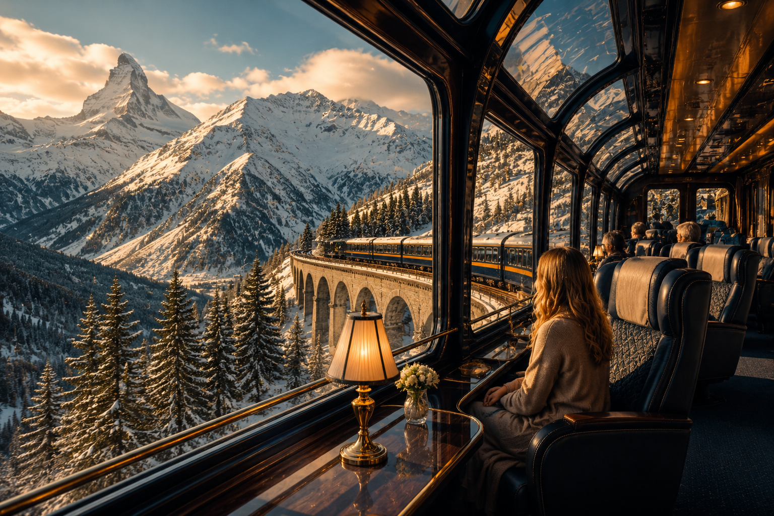 Luxury panoramic train traveling through the Swiss Alps.
