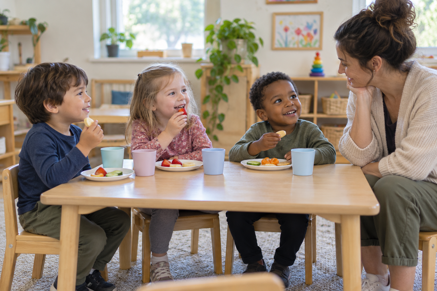 Educator and three children sharing snack time at a low daycare table