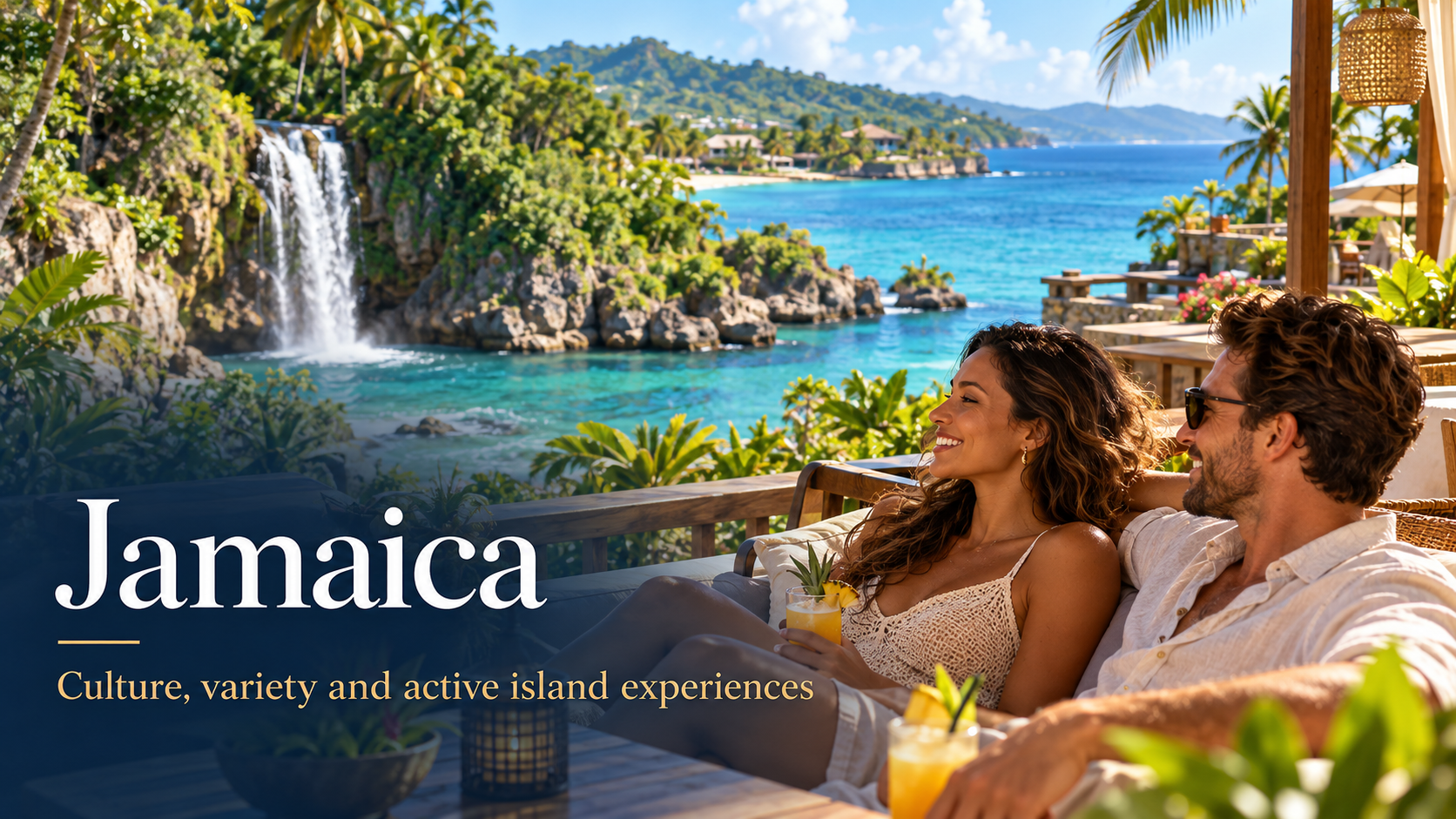 Lush Jamaican coastline and waterfall near a Caribbean resort destination