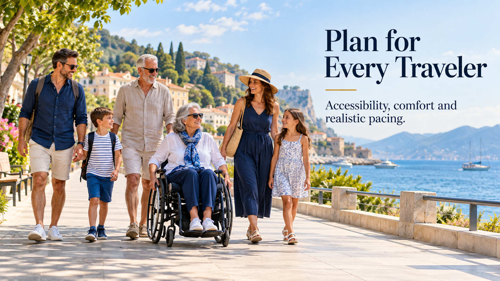 Multigenerational family enjoying an accessible waterfront walkway during their vacation