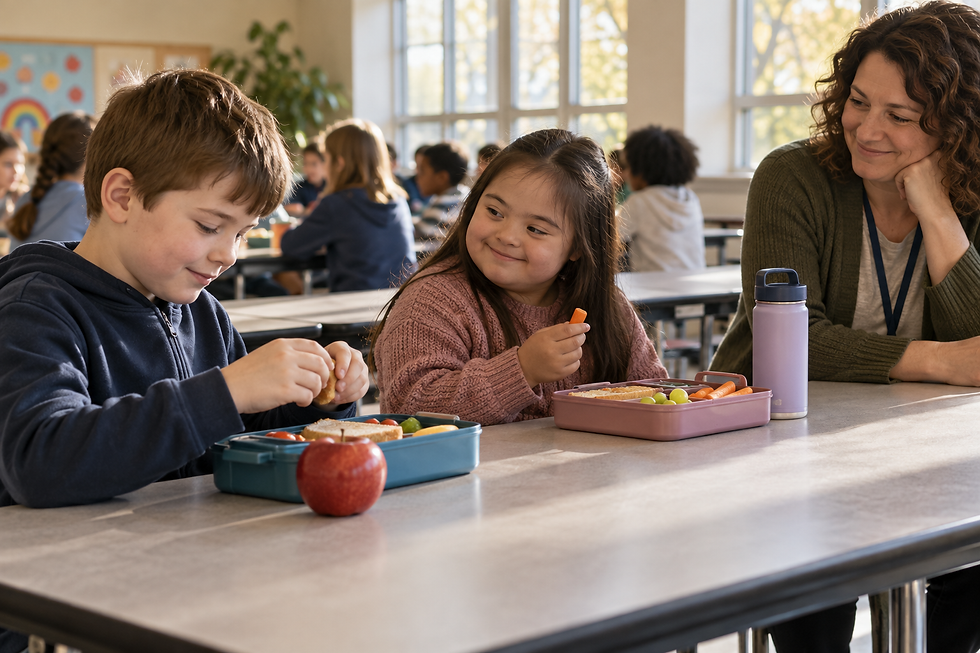 Students eating lunch at a table with an adult nearby