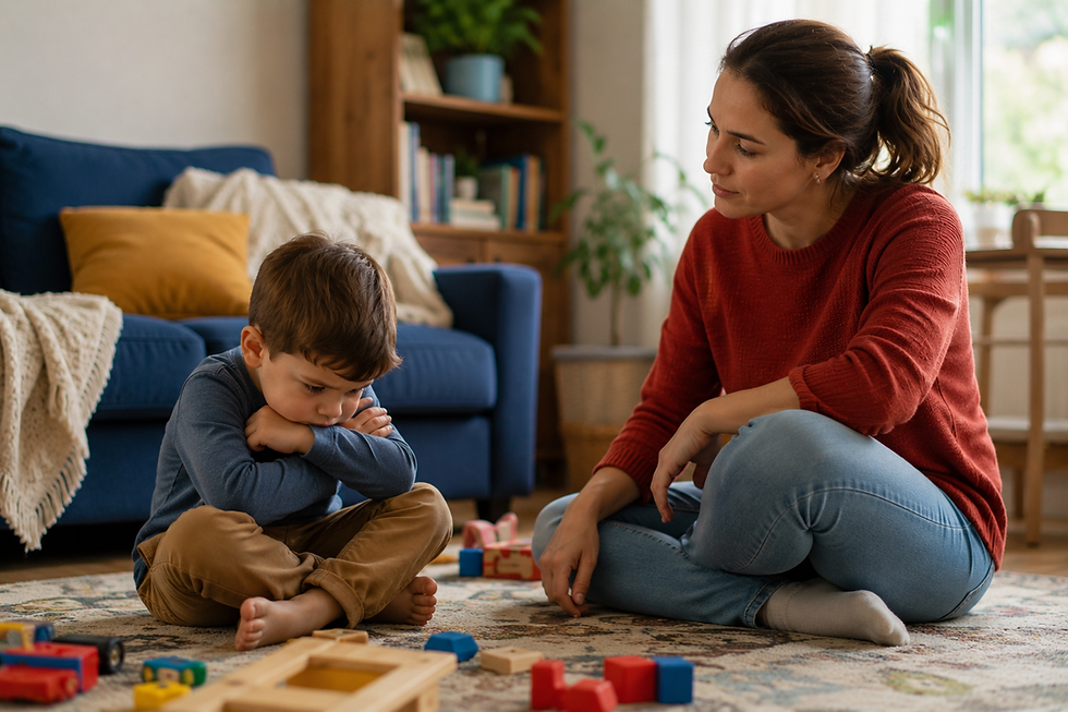 Parent calmly supporting child after emotional meltdown in family living room